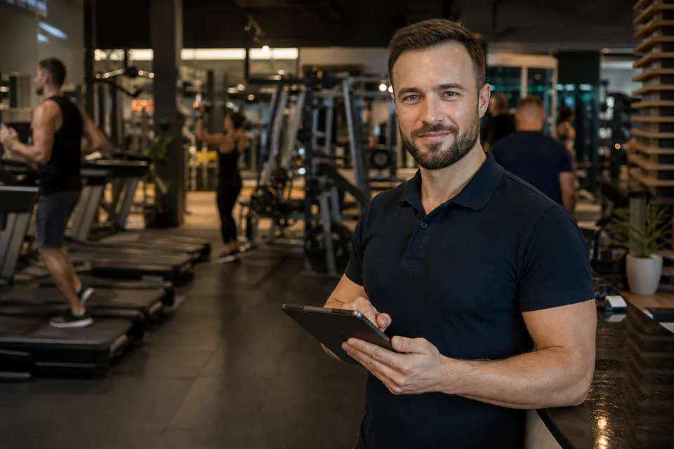 Manager klubu fitness z tabletem przy recepcji, w tle bieżnie i maszyny